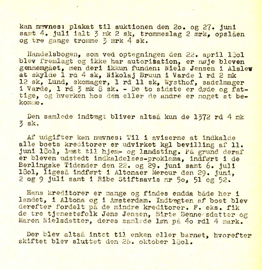 Dokument omhandlende skiftet efter Købmand L. Schütte