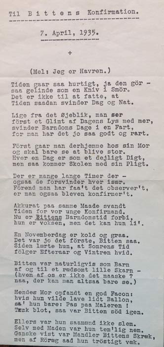 Sang til Bittens konfirmation 1935