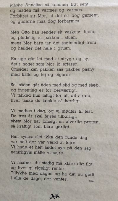 F&oslash;dselsdagssang til Caroline Asmus Thomsen 1939