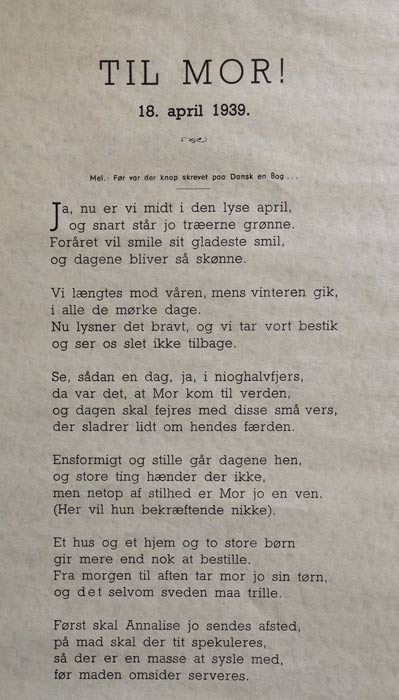 F&oslash;dselsdagssang til Caroline Asmus Thomsen 1939