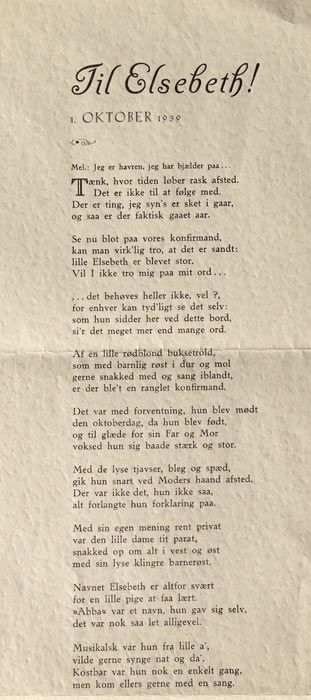 Sang til kusine Elsebeths konfirmation 1939
