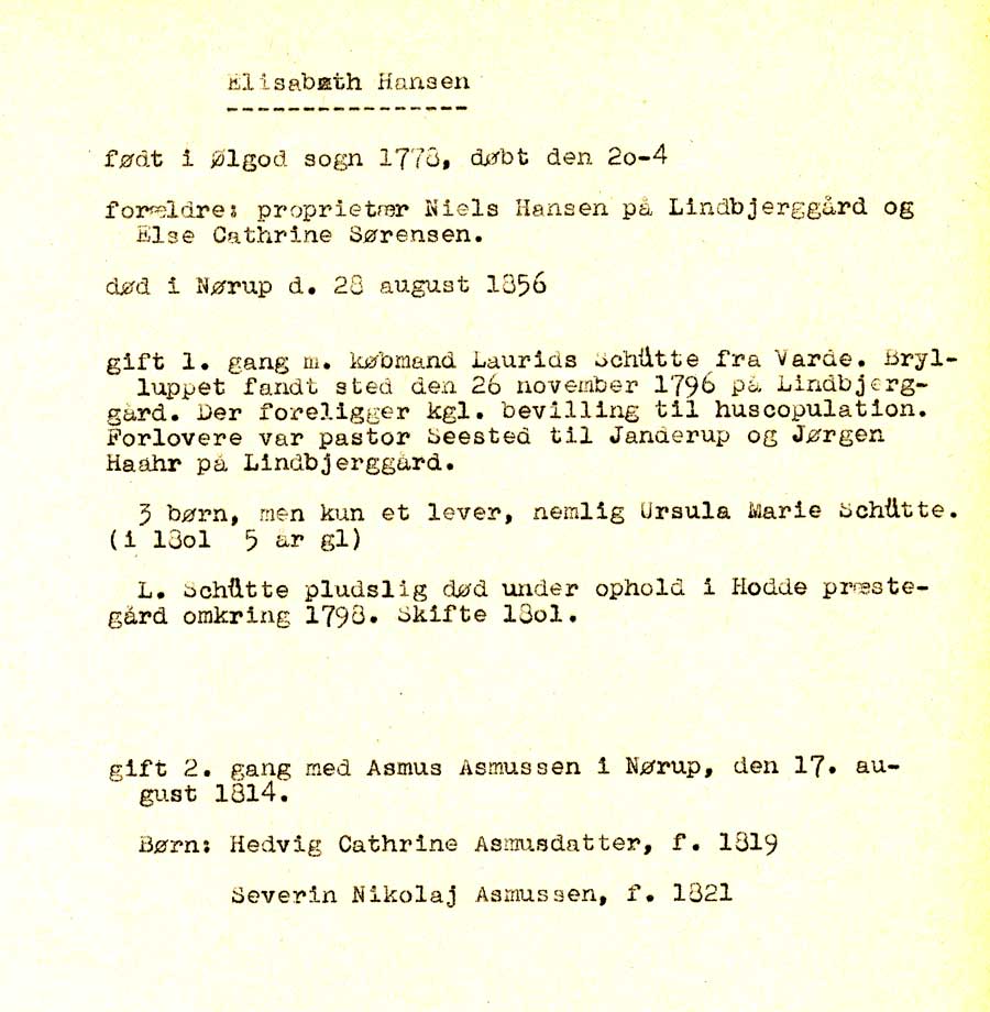 Dokument om Elisabeth Hansen, Schtte, Asmussen